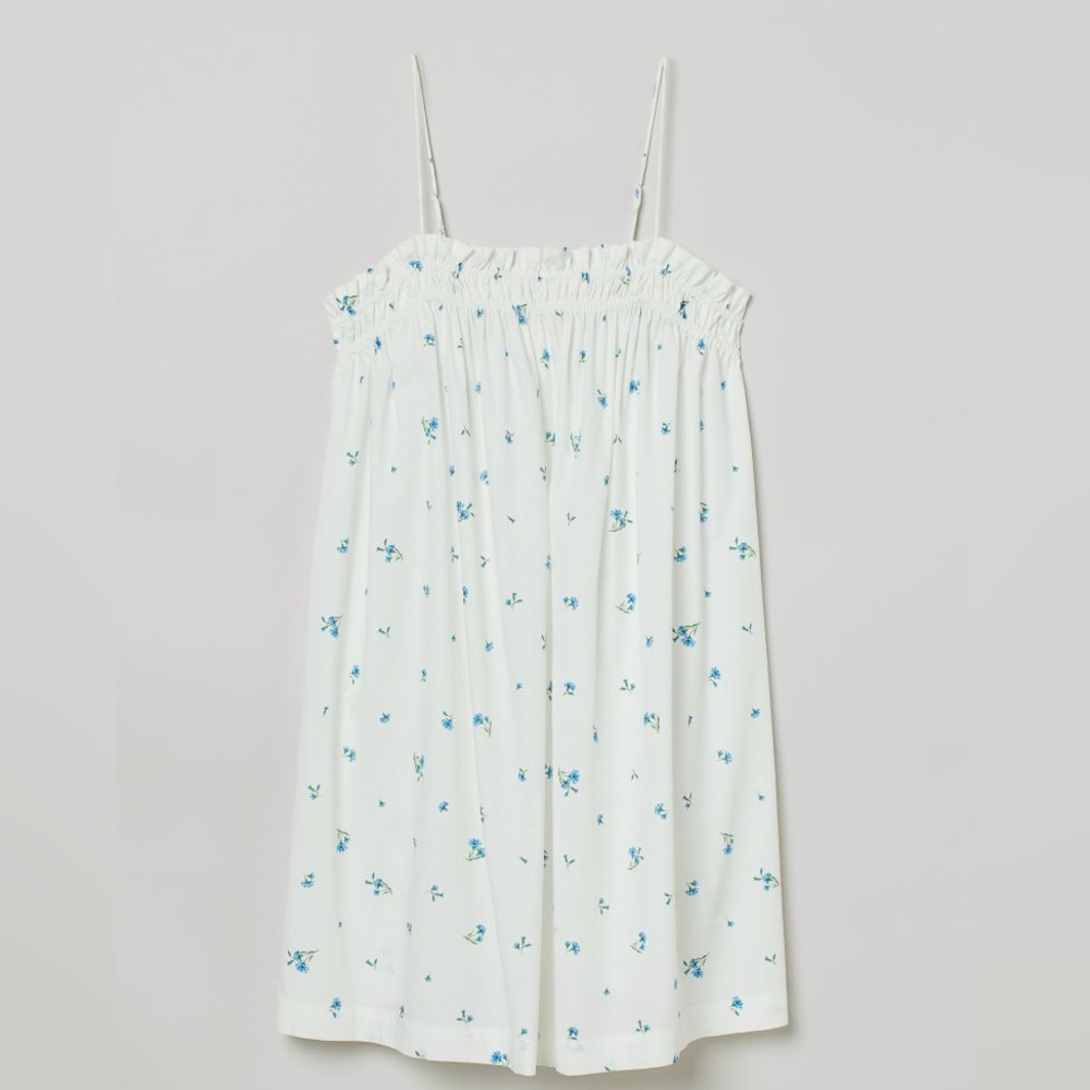 H&M Nap Dress Floral Cotton Ruffle Short Tank Dress White Blue Flowers